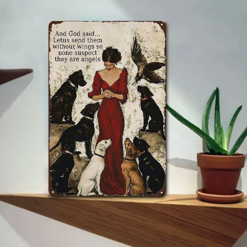 Vintage Iron Wall Art Angel Lady with Cats and Dogs for Pet Lovers Rustic Home Office Cafe Decor No Electricity Needed