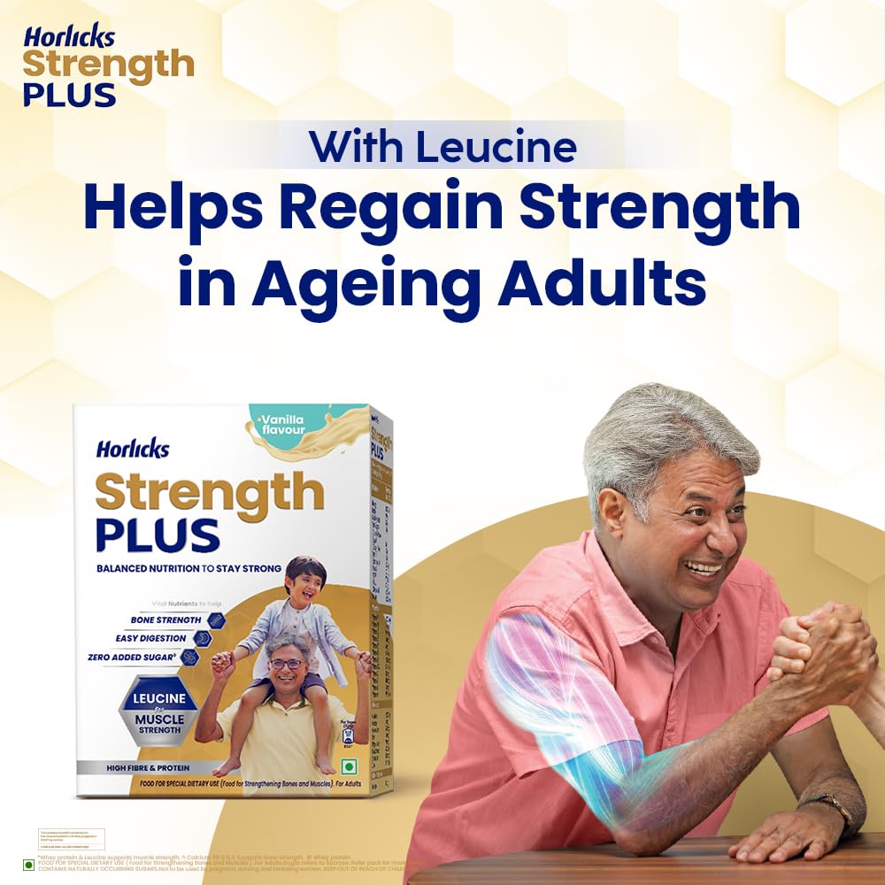 Horlicks Strength Plus Ванильный порошок 350 г Высокопротеиновый Высококлетчаточный Сбалансированное питание для взрослых