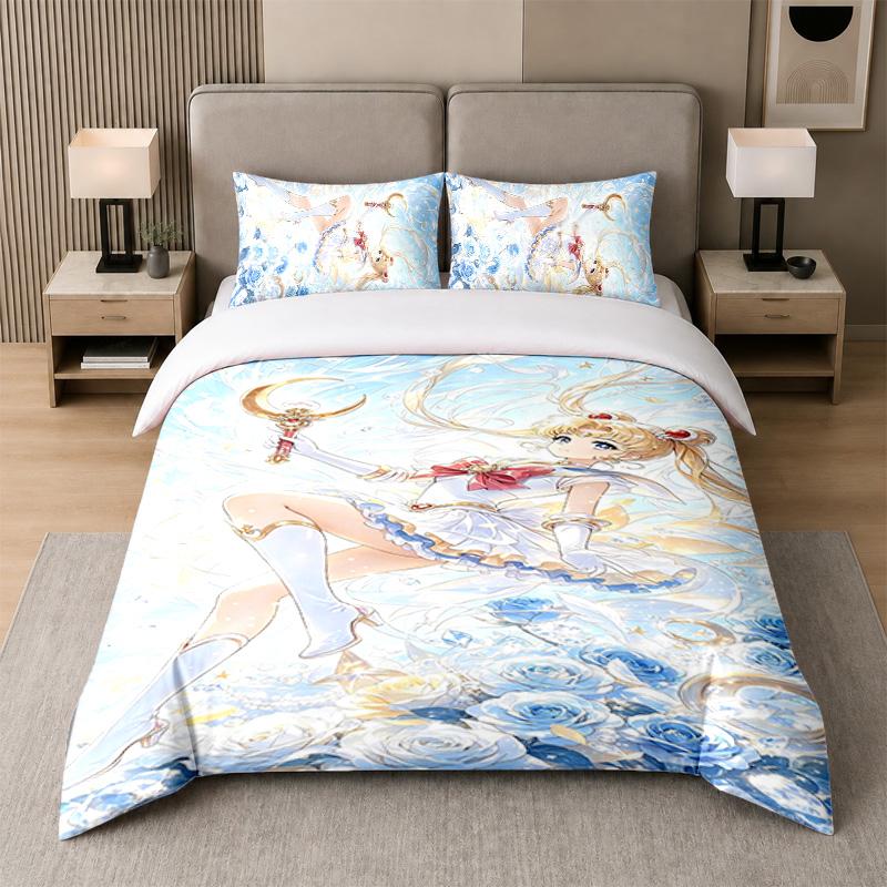 3Pcs Bed Set,Sailor Moon 1 Duvet Cover and 2 Pillowcases, Printed Bedding Decor For Guest Room