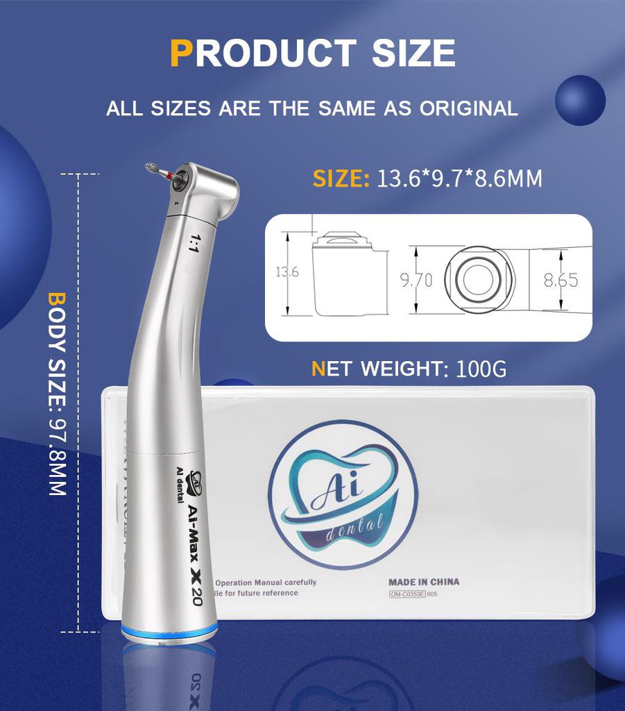 Стоматологический низкоскоростной наконечник AI-X20 1:1 одноразовый водный распылитель с прямым приводом, синее кольцо, контругол без оптики, для лечения полости рта