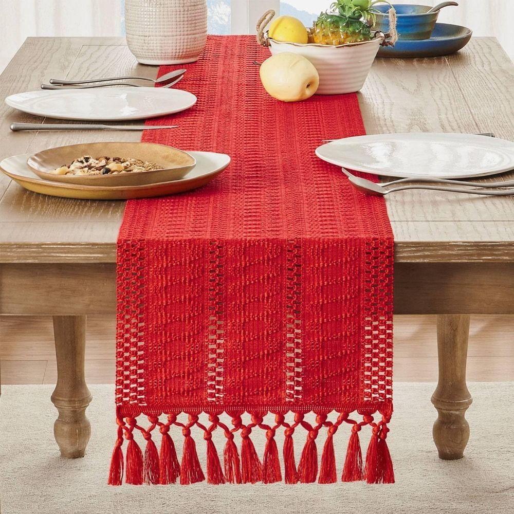American Style Festival Dining Table Cover Solid Color Tablecloth Boho Table Runner Christmas