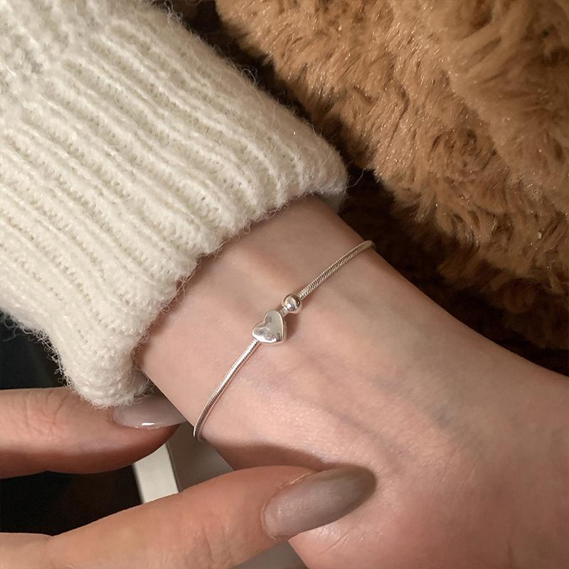 Браслет из серебра 925 пробы в форме сердца, змеиная кость, женский, модный, корейский стиль, новое свадебное украшение, круглая бусина