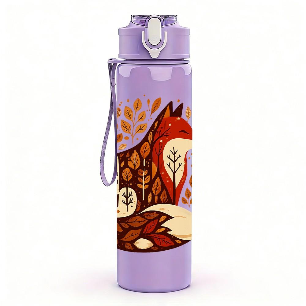 1PC Folk Fox Pattern Art 750ml Color Plastic Sports Water Bottle Leakproof Flip Straw Lid Suitable for Sports Office Home Use