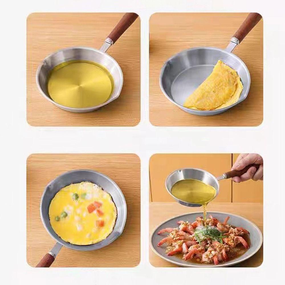 Wooden Handle Omelette Pan Flat Bottom Open Skillet 304 Stainless Steel Frying Pan Kitchen