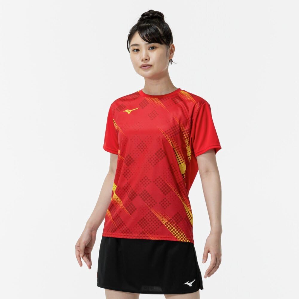 Mizuno Настольный теннис Игра Короткая футболка JTTA Китайский красный, Рукав, Сертифицированный, Влагоотводящий, Быстросохнущий, Унисекс, 82JAC103,