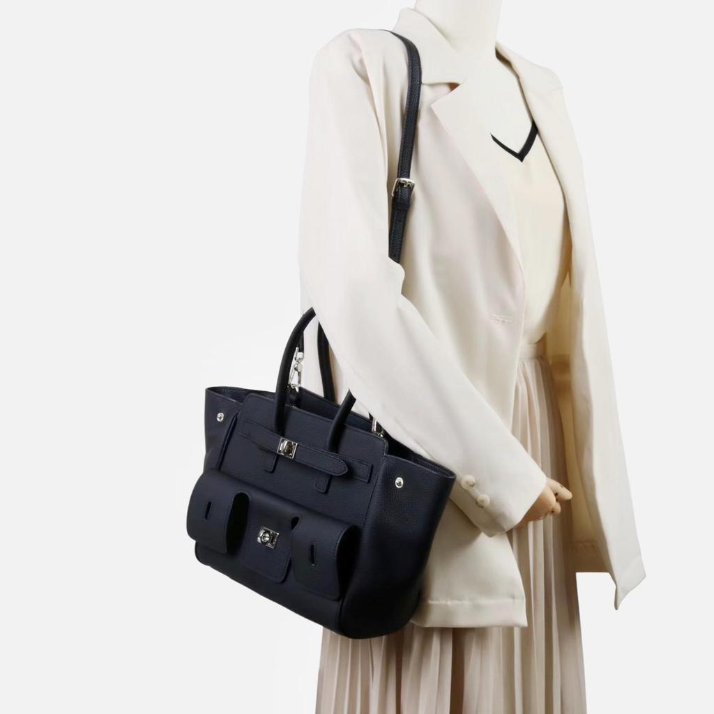 Women's Biker Genuine Leather Multi-Pocket Tote with Dark Square Buckle