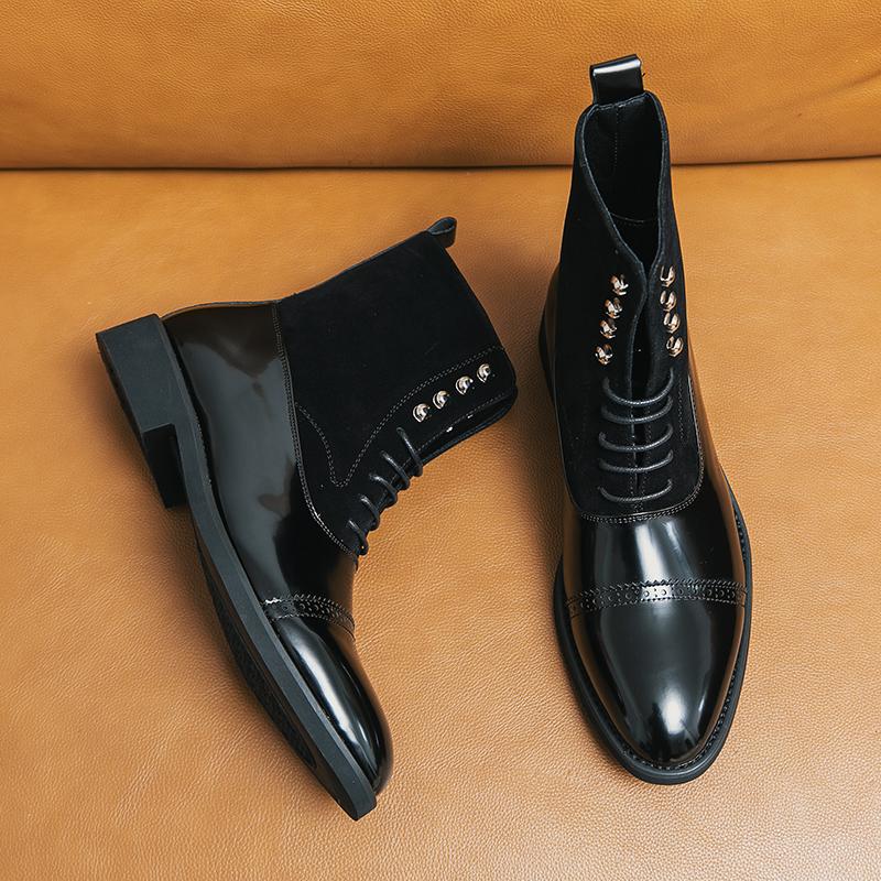 Роскошные дизайнерские замшевые лакированные кожаные ботильоны мужские высокие ботинки на шнуровке для мужчин на плоской подошве мотоциклетная обувь Zapatos Hombre