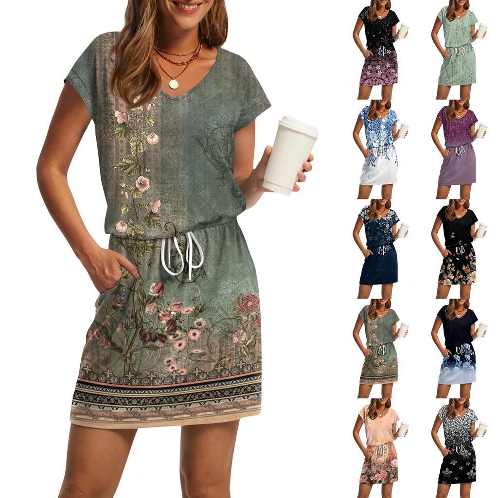Women's Summer V-Neck Casual Short Sleeve Drawstring With Pocket Vintage Floral Dresses