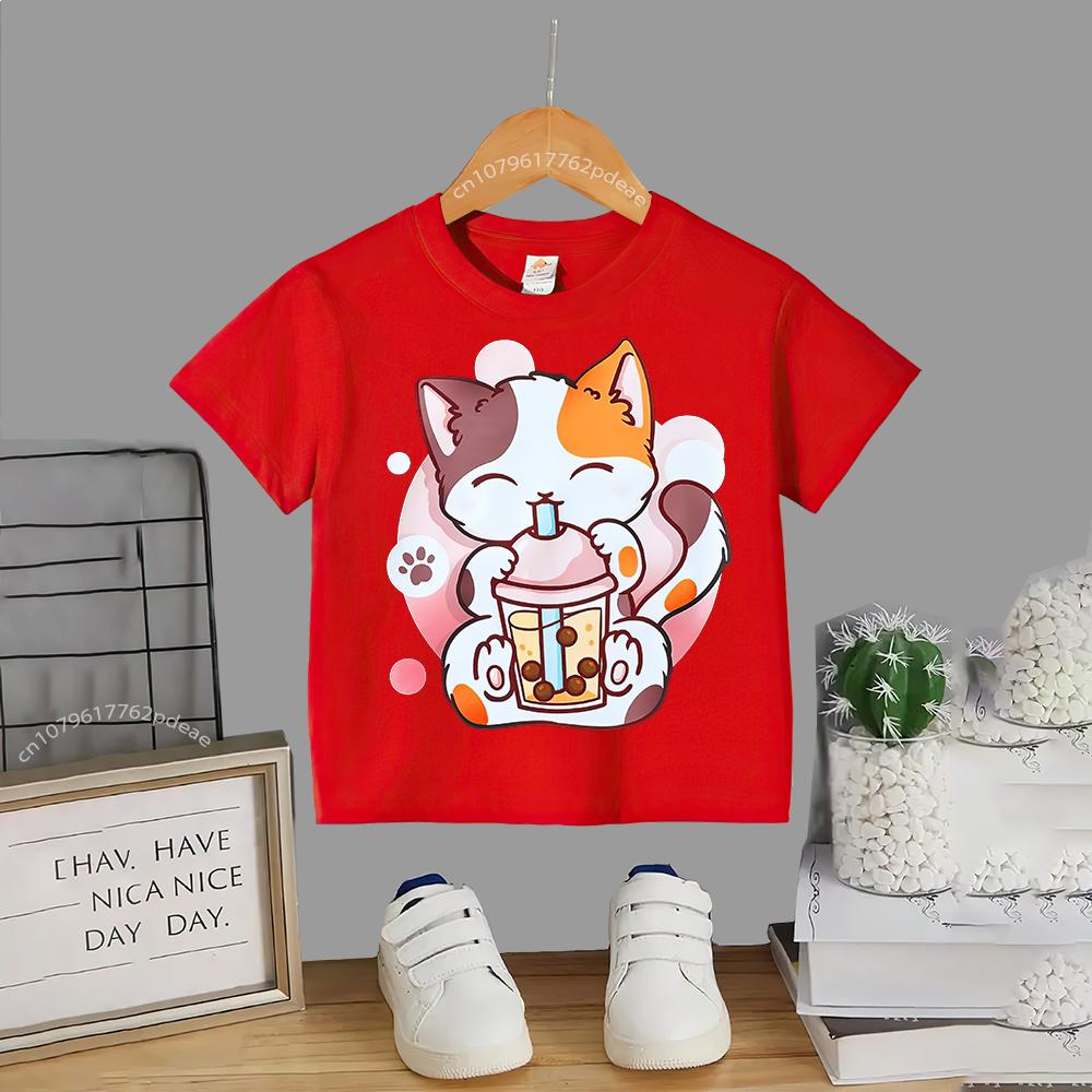 Детская летняя футболка из 100% полиэстера с изображением кота и молока для маленьких девочек, хлопковая футболка Harajuku для мальчиков и девочек, хлопковая футболка