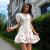 LYRIA Print Puff Sleeves Ruffled Dress Women's V-Neck High Waist Pearl Buttons Mini Dress Female Casual Vacation Fashion Dress