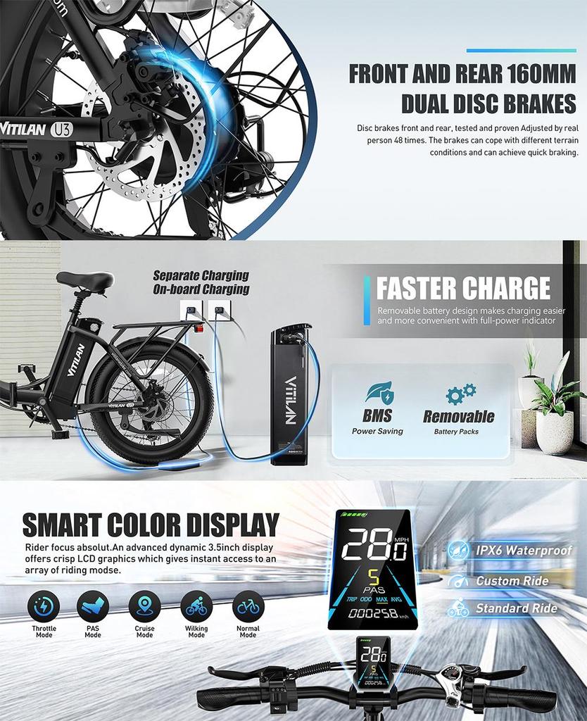 Электровелосипед Vitilan U3 с мотором 750 Вт, колеса 20"x 3" CHAOYANG с защитой от проколов, широкие покрышки, аккумулятор 48 В 13 Ач, для взрослых, 7 скоростей, зеленый