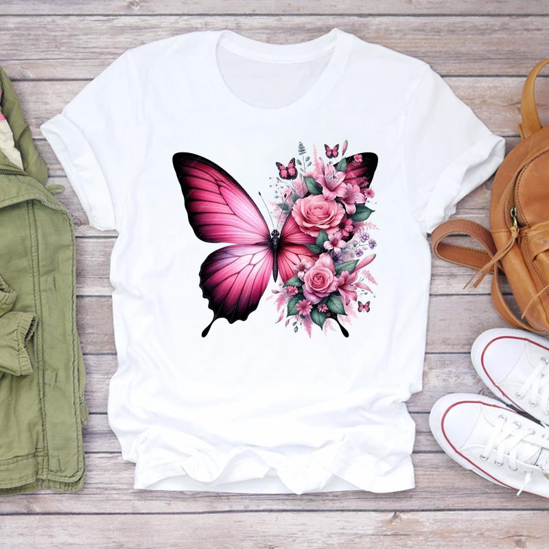 (Asian Size) Print Lady T Shirt Fashion Love Sweet Flower Cute Women Clothing Casual Top Short Sleeve Tee Female Graphic T-shirts