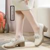 Spring and Autumn Soft Leather Middle Heel Square Heel Bow Round Head Thick Heel White Large Size Women's Leather Shoes Comfortable Soft Leather Moth