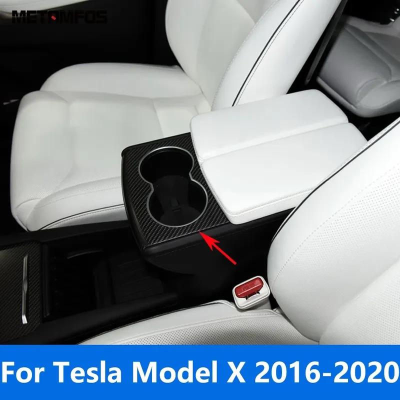 For Tesla Model X 2016-2018 Carbon Fiber Center Console Water Cup Holder Cover Trim Sticker Accessories Car Styling