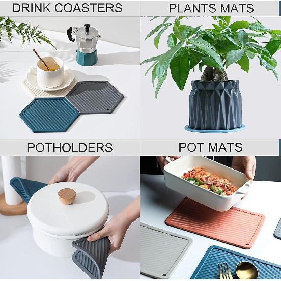 Large Silicone Coasters & Silicone Trivet Mats Kitchen Hot Pads Pot/Pan Mat ,Set of 4 Big Coasters for Drinks,for Outdoor Table,Hot Dishes, Pots,