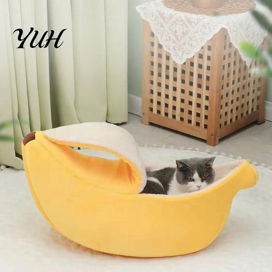 Thick Filled Puppy Bed Banana Cat Bed, Plush Pet Cave with Lid, Fleece Lined, Cozy Soft Enclosed Hideaway, Warm Semi for Cats, Small Dogs, Autumn