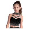 Girls Gymnastics Crop Top Halter Neck with Sparkling Rhinestones Cross Front Backless Dance Performance Costume