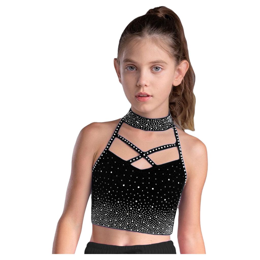 Girls Gymnastics Crop Top Halter Neck with Sparkling Rhinestones Cross Front Backless Dance Performance Costume