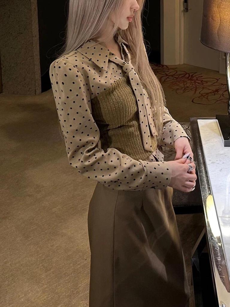 Вязаный топ в горошек с тремя рыбками и винтажная длинная юбка А-силуэта, комплект