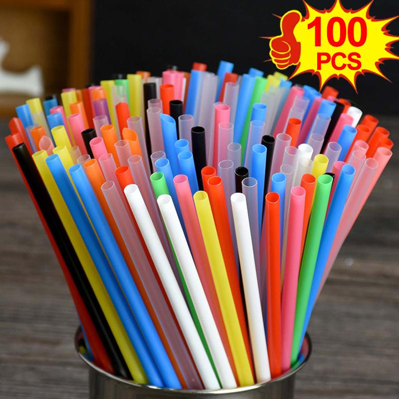 100Pcs Colorful Disposable Plastic Straws Milk Tea Cocktail Juice Drink Straws Party Birthday Supplies Bar Kitchen Accessories
