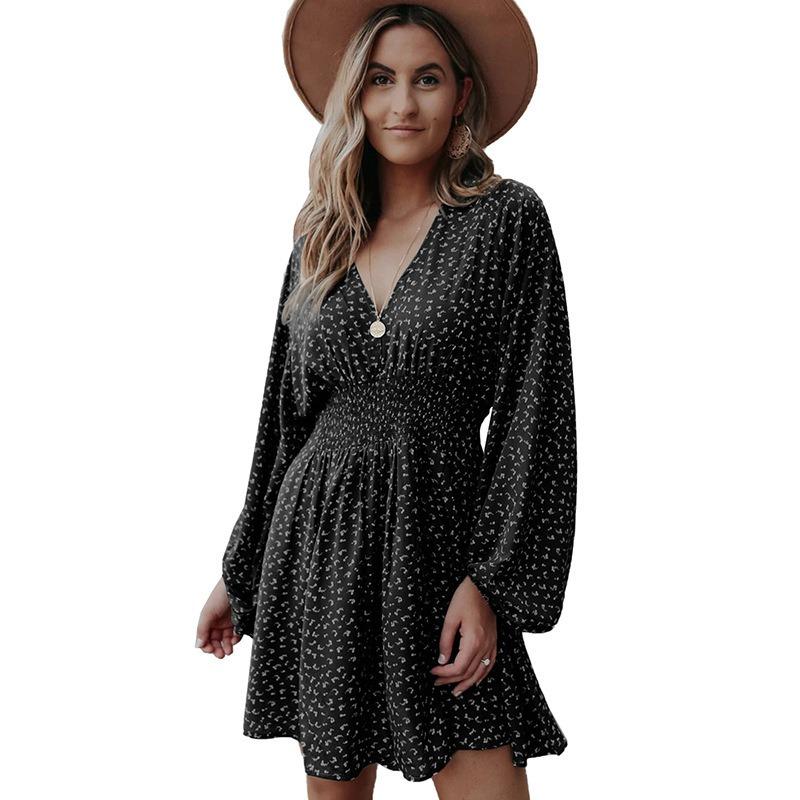 Women's Polka Dot Dress Sheath V Neck Long Sleeve Pleated Waist Slimming Dresses