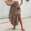 Boho Style Maxi Skirt Adjustable Drawstring High-Waisted Printing Skirt Flowy Large Hem A-Line Skirt Daily