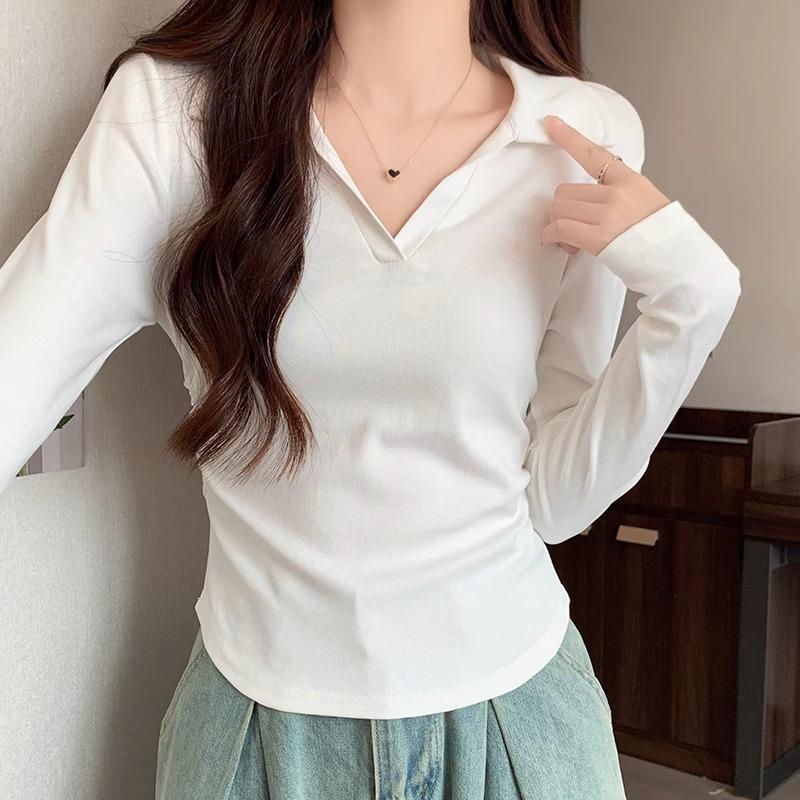 Retro Polo Lapel Long-sleeved T-shirt for Women Early Autumn New Design V-neck Slim Pleated Waist Bottoming Top