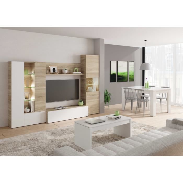 ESSENCIAL Meuble TV avec LED classique blanc brillant et décor chêne - L 260 cm