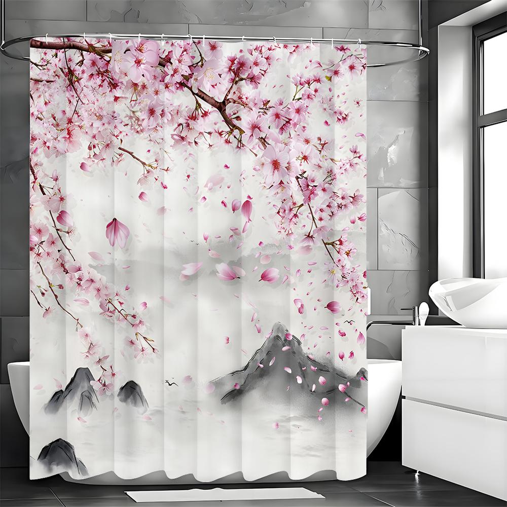 Китайская живопись тушью Пейзаж с цветущим персиком Занавеска для душа, Декоративная занавеска для душа для ванной комнаты, Водонепроницаемая занавеска для душа с