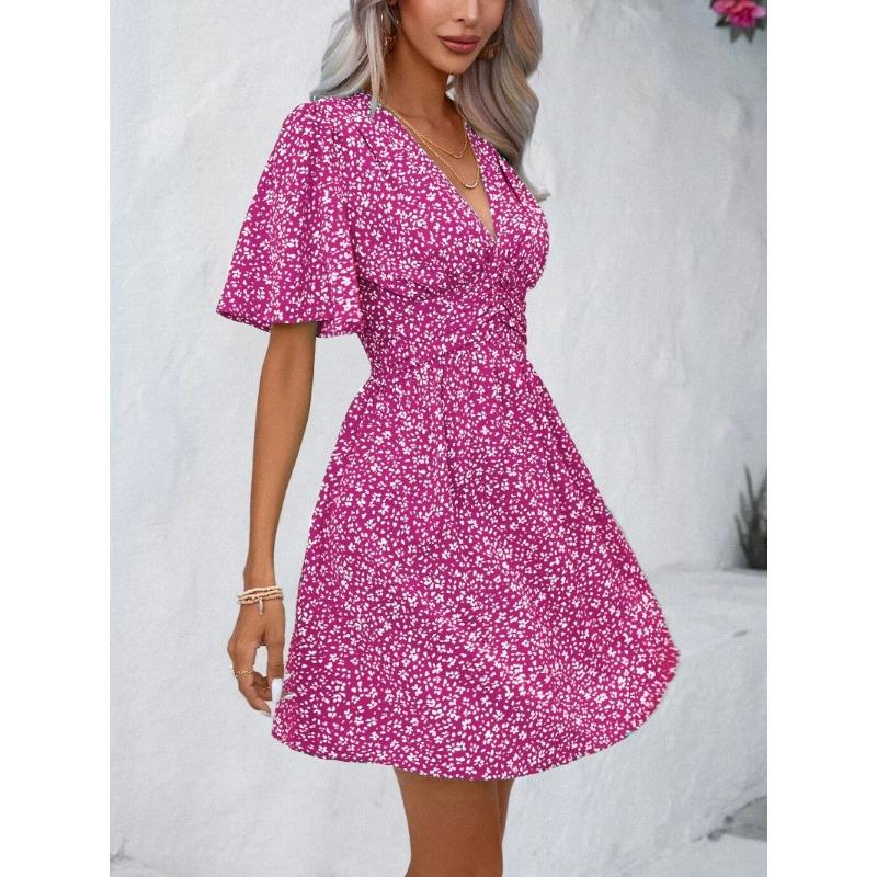 YYFS Women's Fashion Summer Spring Flower Pattern Print Short Sleeve V-Neck High Waist Casual Dresses