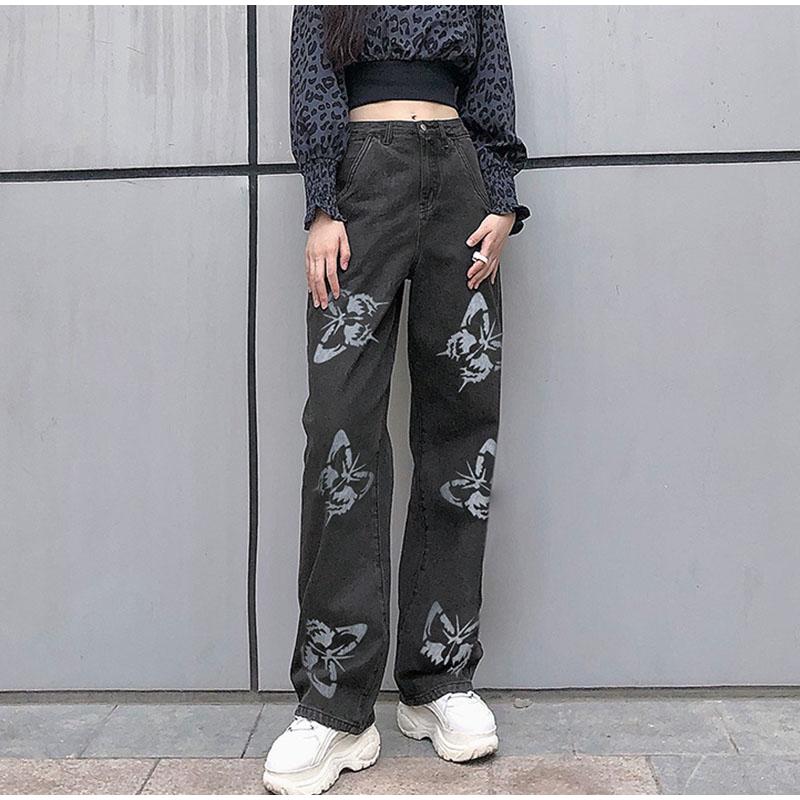 2025 Spring Autumn Trousers High Waist Butterfly Print Y2K Jeans for Women Fashion Loose Straight Leg Denim Pants Casual Clothing