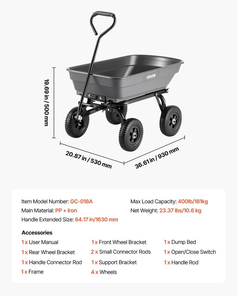 Garden Dump Cart, 181 kg Poly Dump Cart, Garden Carts Dumps Wagon with 90° Quick-Dumps Mechanism, 180° Swivel Wheels, 270° Flexible Rotating Bearings,