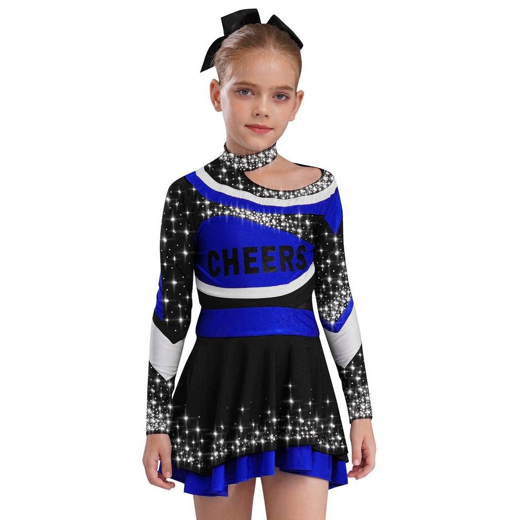 Girls Stage Performance Costume Long Sleeve Letter Print Shiny Rhinestones Color Block Cheerleading Set