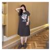 Женское модное свободное корейское платье-футболка, летнее платье Fat Mm с коротким рукавом выше колена, длинное платье с разрезом в виде мультфильма
