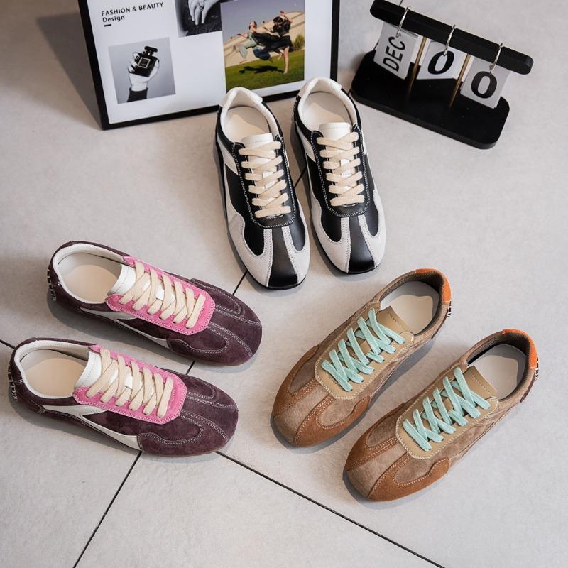 Fashion Leather Square Head Women's Autumn New Color Matching Lace-up Flat Bottom Casual Sports Shoes