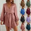 Women's Long Puff Sleeve Satin Dress Casual V-Neck Cocktail Party Belted Short Spring Summer  Dresses