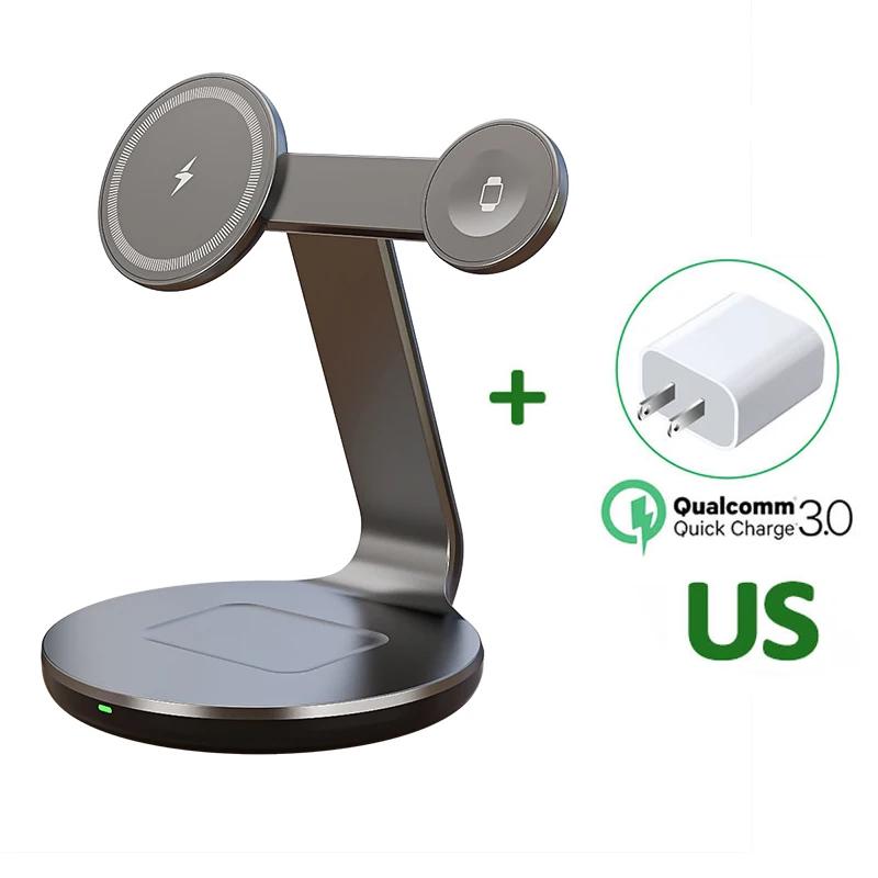 Металлическое 3 в 1 беспроводное зарядное устройство магнитная подставка держатель телефона быстрая зарядка для iPhone 16 15 14 13 Pro Max iWatch 9 8 7 Airpods 3 2