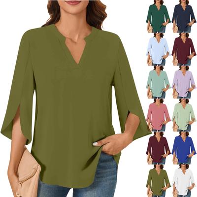 Женские топы 3/4 ярусные рукава-колокольчики V-образный вырез блузки рабочие туники рубашки