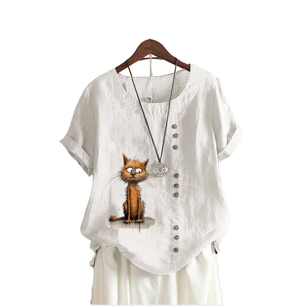 Женская свободная рубашка-пуловер, женская повседневная льняная блузка с круглым вырезом и принтом, летняя модная футболка с коротким рукавом