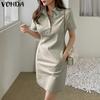 Summer Women Short Sleeve Slim Waist H Line Shirt Dress Sundress