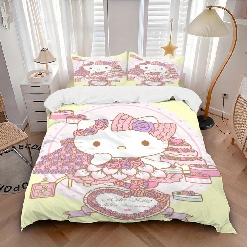 3 шт. Постельное белье с принтом к 45-летию Hello Kitty, Мягкое и удобное покрывало-одеяло для спальни, Гостевой комнаты (1 пододеяльник + 2 наволочки
