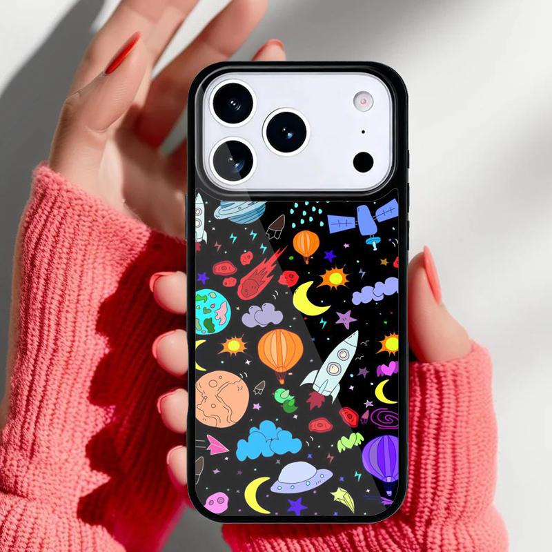 Space Cartoon Cute Doodle Phone Case for iPhone 17 Air 16e 15 14 13 Pro Max Back Cover for 12 11 Pro Coque