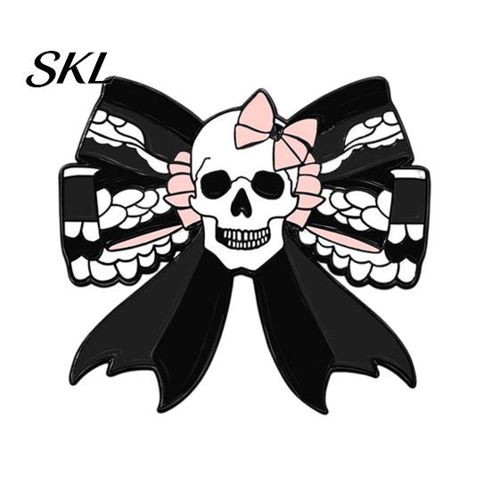 Thickened Metal Brooch Pin, Enamel Skull Bow Design Brooch, Halloween Style Snap-On Bright Color Pin Badge for Backpacks Collars Hats Holiday