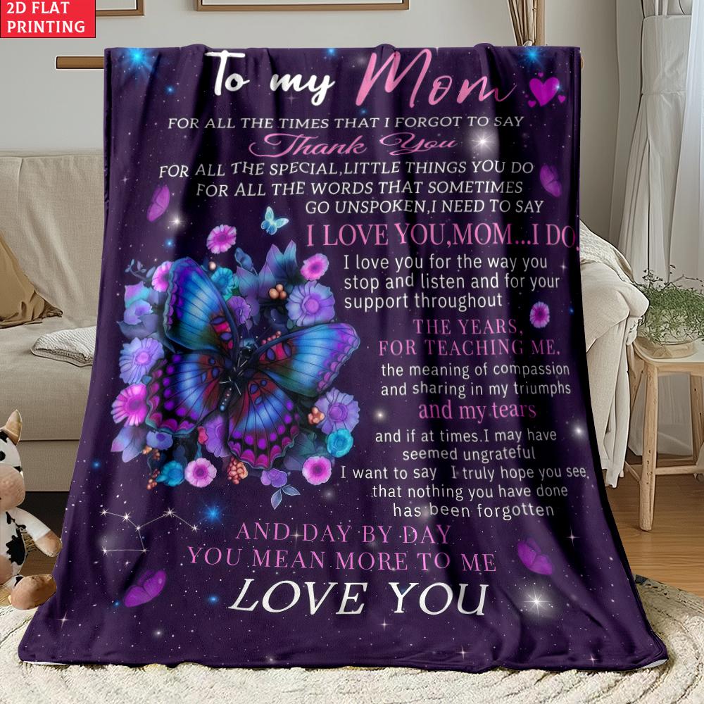 To My Mom Print Flannel Blanket,Purple Rose Butterfly Warm Throw Blanket, Mother's Day Gift from Daughter, Cozy Bed Sofa Blanket