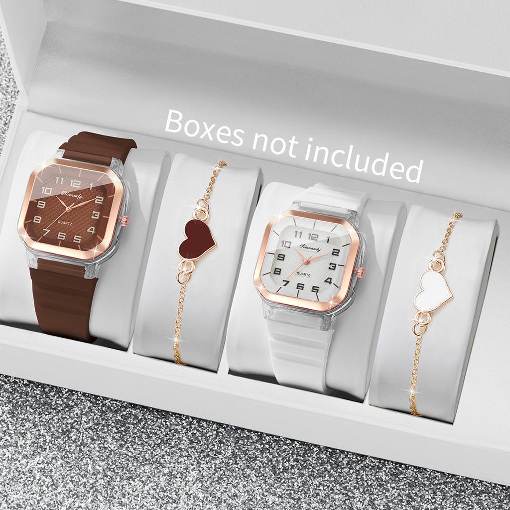 Xiaomi 4PCS Fashion Square Women Watches Heart Bracelets Set Arabic Dial Silicone Strap Quartz Watch Reloj Mujer (Without Box)