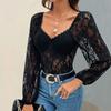Autumn Women's Lace Splicing Long Sleeve Solid Bodysuit