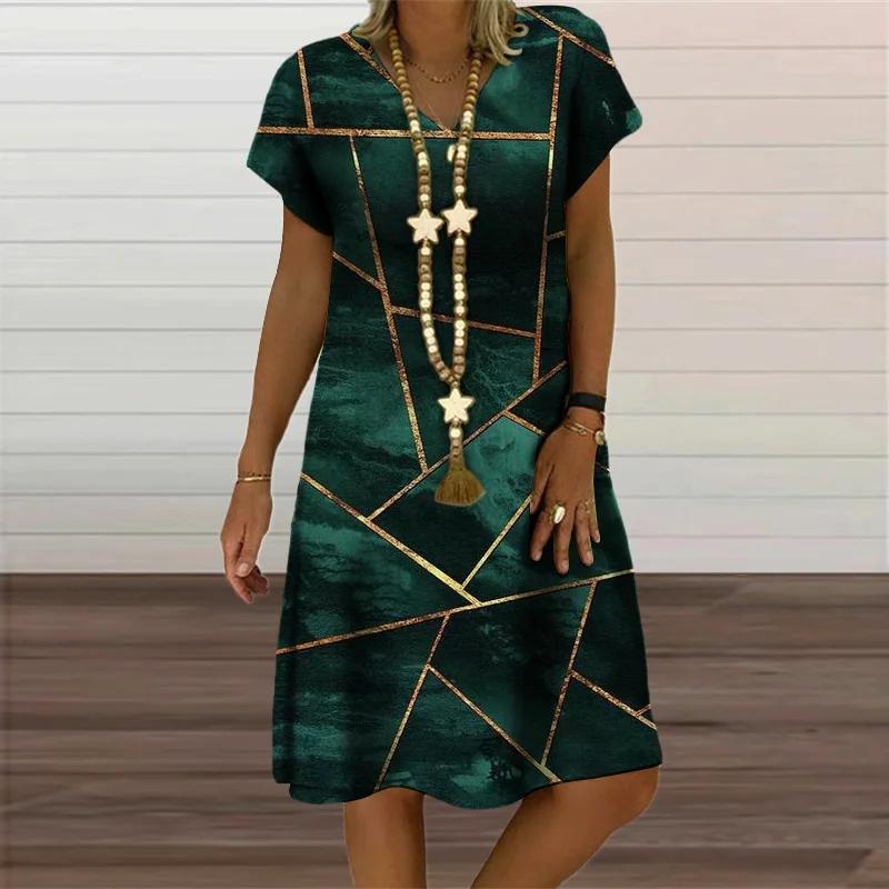 Plaid Geometric Graphic 3D Print Dresses For Women Clothes Summer Vintage Casual Loose Short Sleeve Dress V-Neck Sundress Ladies
