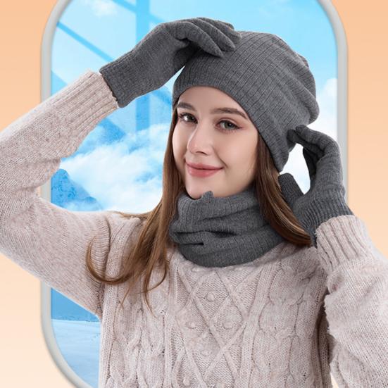 Yousheng 3 Pcs/Set Unisex Winter Hat Scarf Gloves Set Thick Knitted Ear Protection Cap Gloves Stretchy Windproof Winter Outdoor Cycling Dome Beanie