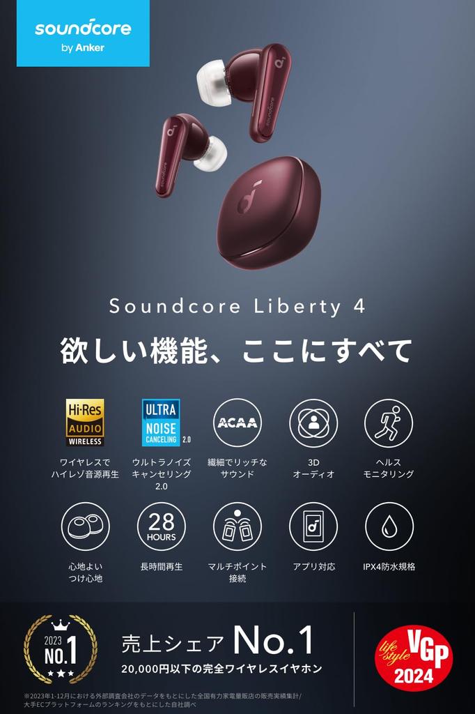 Наушники Anker Soundcore Liberty 4 Bluetooth Wireless с шумоподавлением Звук до 28 часов Водонепроницаемые Технические стандарты Цвет: бордовый (Беспроводная связь 5.3)
