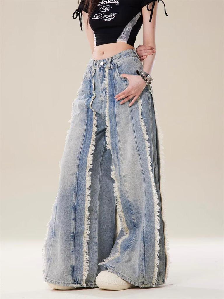 2024 Summer Retro High-Waist Loose Wide-Leg Fringe Jeans for Women